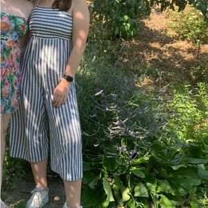 Black and white striped summer linen jumpsuit